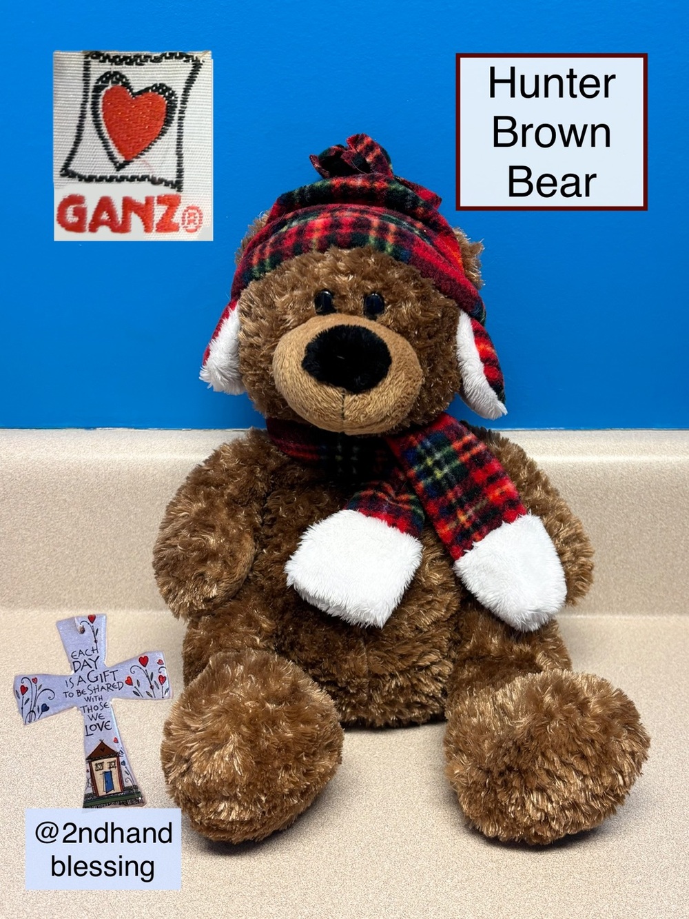 GANZ Hunter Brown Bear Plush, Red & Green Plaid Hat & Scarf 12’ x 6.5’ HX10491